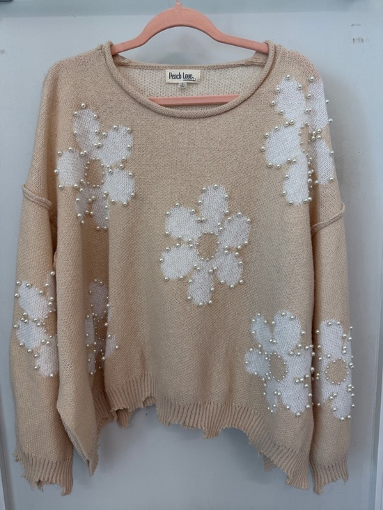 Peach Love California Sweaters - Peach Love California Cream Floral Pearl-Embellished Crewneck Sweater